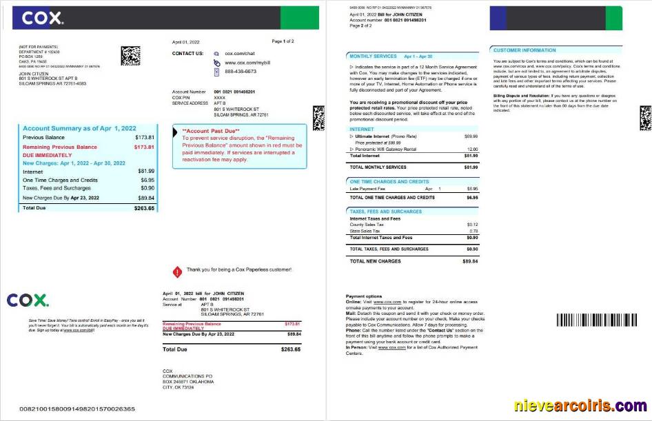 USA COX digital cable television utility bill, 2 pages